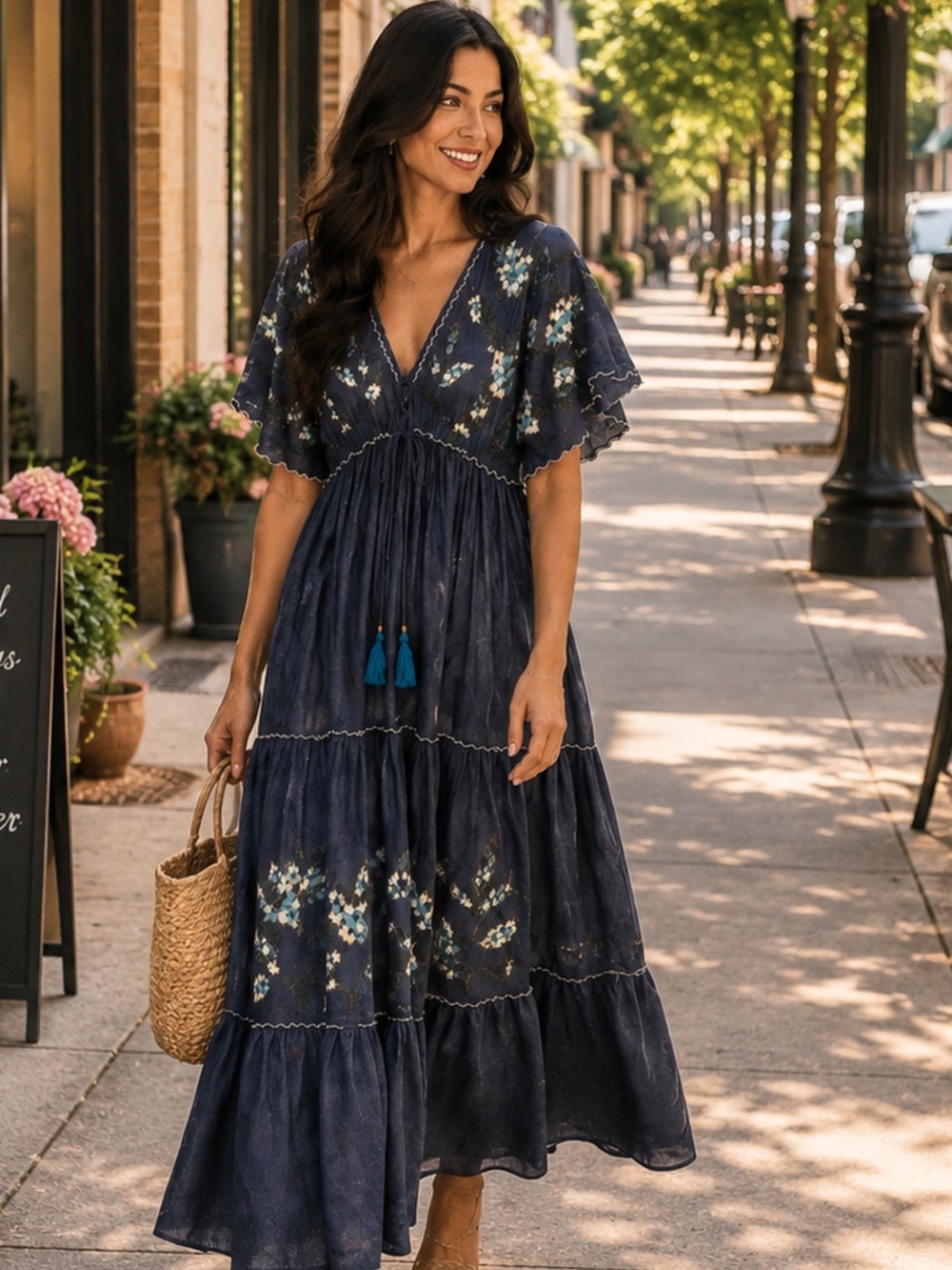 POL Navy Floral V‑Neck Tiered Maxi Dress with Tassel Ties